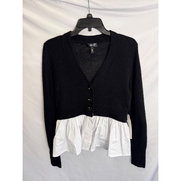 Aqua Cashmere Peplum Cardigan Sweater Button-Down Top Black White S - Picture 6 of 10
